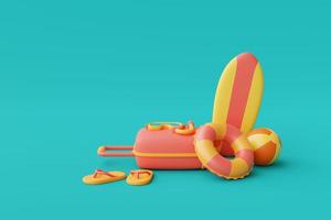 3D-weergave van zomervakantie concept met koffer en kleurrijke zomerelementen, minimale style.3d render. foto