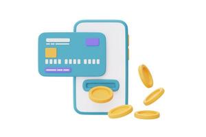 online cashback-service of digitaal betalingsconcept, smartphone met blauwe creditcards en dollarmunt, 3D-rendering foto