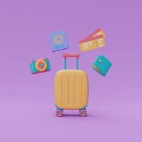toerisme en reisplan om te reizen met koffer, portemonnee, kaartjes, paspoort en camera, vakantie, 3D-rendering foto