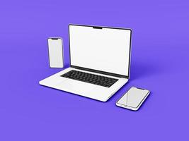 laptop en telefoon smartphone op witte achtergrond in minimalistische stijl voor mockup en responsieve website. leeg scherm laptopcomputer, mobiele telefoon 2022. 3D-gerenderde afbeelding foto