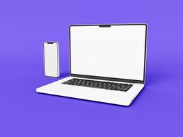 laptop en telefoon smartphone op witte achtergrond in minimalistische stijl voor mockup en responsieve website. leeg scherm laptopcomputer, mobiele telefoon 2022. 3D-gerenderde afbeelding foto