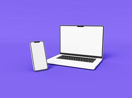 laptop en telefoon smartphone op witte achtergrond in minimalistische stijl voor mockup en responsieve website. leeg scherm laptopcomputer, mobiele telefoon 2022. 3D-gerenderde afbeelding foto