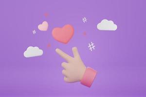 3D minimale cartoon hand weergegeven: mini hart teken op paarse achtergrond. foto
