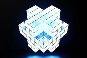 3D-model van een puzzel met blauw licht. abstracte heldere veelvlak met tips op een zwarte geïsoleerde achtergrond foto