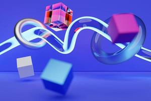 close-up 3d blauwe en roze illustratie. verschillende kubus en torus vliegen foto