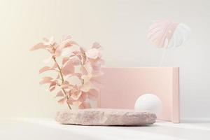 3D render van abstracte voetstuk podium display met tropische bladeren en koraal roze pastel plant scene. product- en promotieconcept voor reclame. blauwe pastel natuurlijke achtergrond. foto