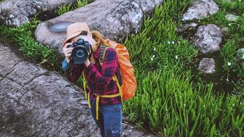 vrouw aziatische reizen natuur. reizen ontspannen. wandelen bestudeer het pad natuur in het bos foto