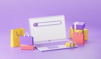 online winkelen web zoeken concept - 3d render illustratie van laptop met boodschappentassen en dozen eromheen. foto