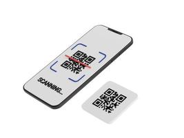 qr code scan concept - mobiele telefoon met barcode scanning proces 3d render illustratie. foto