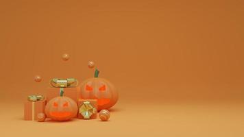 happy halloween met pompoenspook en geschenkdoos oranje toon achtergrond. 3D-rendering foto
