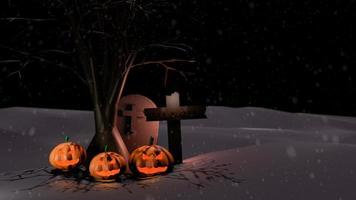 concept happy halloween-pompoenspook met kruisbeeld en graf, op de achtergrond van de nachtboom. 3D-rendering foto