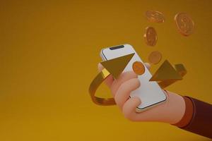 hand van zakelijke smartphone met blanco display en vliegen gouden munt, cryptocurrency overdracht, betaling via een smartphone, mobiele telefoon bank, portemonnee, geïsoleerde background.3d rendering. foto