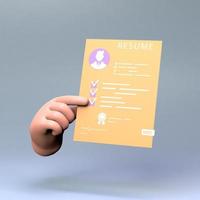 hand met cv-pictogram. 3D render illustratie. foto