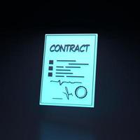 contract neon pictogram op zwarte achtergrond. het begrip samenwerking. 3D render illustratie. foto