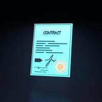 contract neon pictogram op zwarte achtergrond. het begrip samenwerking. 3D render illustratie. foto