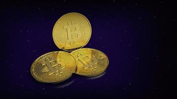bitcoin digitale valuta. cryptocurrency btc het nieuwe virtuele geld close-up 3d render van gouden bitcoins op paarse achtergrond foto