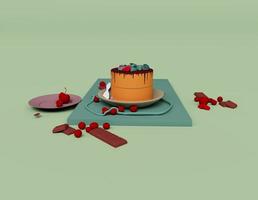 3D render van verjaardagstaart chocolade kleur, met kers op plaat 3d illustratie geïsoleerd op pastelkleuren, minimale scene foto