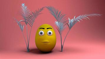 3D render gele stripfiguur paasei met een boom op rode achtergrond foto