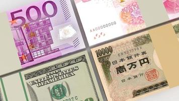 foto van ons, china, japan en eurobankbiljetten, wereldwisselkoers voor investeringsfinanciën, contant geld in het financiële systeem, 3D-rendering