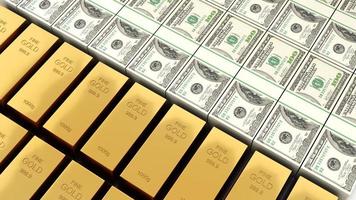Amerikaanse dollars en grondstoffen goud, goud versus contant geld vergelijking, investeringseconomie, 3D-rendering foto