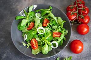 groene salade groente tomaat, ui, sla mix, mache groene verse gezonde maaltijd eten snack dieet op tafel kopieer ruimte voedsel achtergrond rustieke bovenaanzicht foto