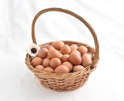 eieren in mand gevuld geïsoleerd op witte achtergrond foto