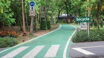 een rijstrook die wordt gebruikt om te fietsen in een park dat aan weerszijden wordt omringd door bomen. foto