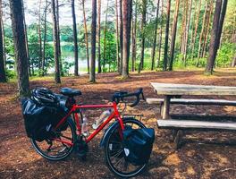 fiets staande op zijweg in picknickplaats omgeven door zomergroen op het platteland van litouwen. fietsvakanties in Baltisch land. foto