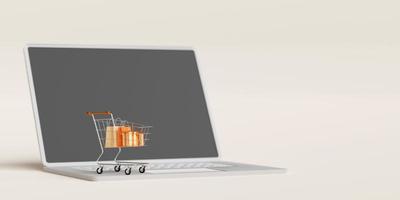 online winkelen concept, boodschappentas en geschenkdoos in winkelwagen op laptop, 3d illustratie foto