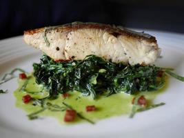 close-up zijaanzicht van gegrilde zeebaars segment op spinazie in witte plaat, gastronomische keuken menu, donkere achtergrond foto