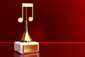 gouden muziekprijs met een notitie op een rode achtergrond, 3d illustratie foto