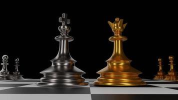 de koning in de strijd van het schaakspel staat op een schaakbord met een zwarte geïsoleerde achtergrond. concept bedrijfsstrategie, planning en decision.3d rendering. foto
