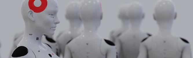 groep robots in vrouwelijk beeld staande in rijen kunstmatige intelligentie en robotica concept foto