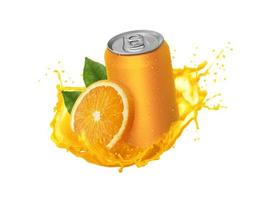 aluminium oranje frisdrankblikje met fruit, op een witte achtergrond, jus d'orange foto retoucheren