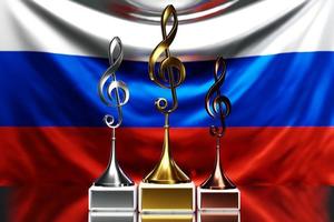 treble clef awards voor het winnen van de muziekprijs tegen de achtergrond van de nationale vlag van rusland, 3d illustratie. foto