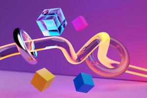 close-up 3d kleurrijke illustratie. verschillende kubus en torus vliegen foto