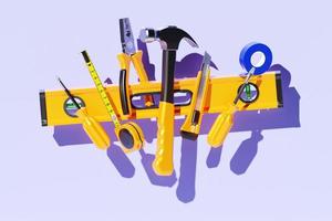 3d illustratie van een metalen hamer, schroevendraaiers, tangen, waterpas, meetlint foto