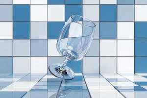 illustratie van een 3D-glas beker voor cognac, whisky op een blauwe achtergrond. realistische afbeelding van een glas voor sterke alcohol foto