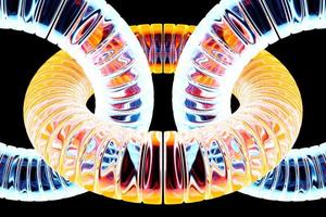 3d illustratie van close-up van kleurrijke gloeiende kettingschakels gebogen in een mooie vorm op een zwarte achtergrond foto