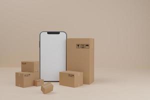 smartphone blanco display met levering van pakketdoos. concept voor snelle levering service.delivery en online winkelen concept.3d rendering illustratie foto