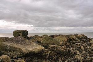 stenen golfbrekers gaan de zee in op het strand in blavand denemarken. landschapsfoto foto