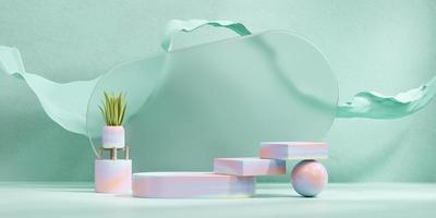 3D rendering kleurrijk platform podium met plant product presentatie achtergrond foto
