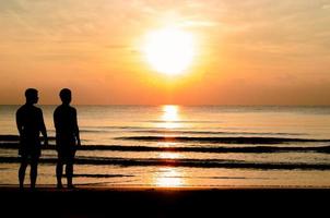 de silhouetfoto van het homopaar dat samen op het strand staat. foto