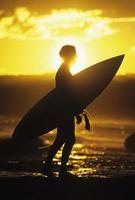 silhouet surfer met surfboard bij zonsondergang foto