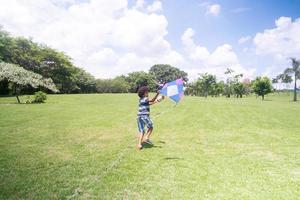 kleine jongen met afrohaar die een vlieger op een park vliegt foto