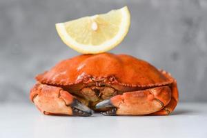 verse krab en citroen voor salade op plaatachtergrond - gekookte krabzeevruchten foto