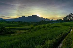 het buitengewone natuurlijke landschap van Indonesië. zonsopgang uitzicht op water irrigatie in rijstvelden met terrassen foto