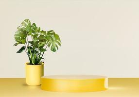 natuurlijke plant in een gele vaas op tafel met cosmetisch of schoonheidsproduct display podium 3D-rendering afbeelding foto