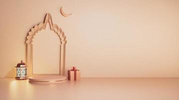 roze roos 3d islamitische decoratie achtergrond met minaret traditionele lantaarn en geschenkdoos met product of groeten display podium wassende maan en lichtreflectie zachte kleur 3D-rendering afbeelding foto