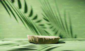 pastel groen natuurlijke beige kleur steen product display podium voor cosmetische item cilinder met natuurlijke bladeren schaduw 3D-rendering afbeelding foto